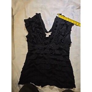 Max Studio Black Ruffle Tiered V-Neck Top Size L Coquette Goth Romantic Chiffon